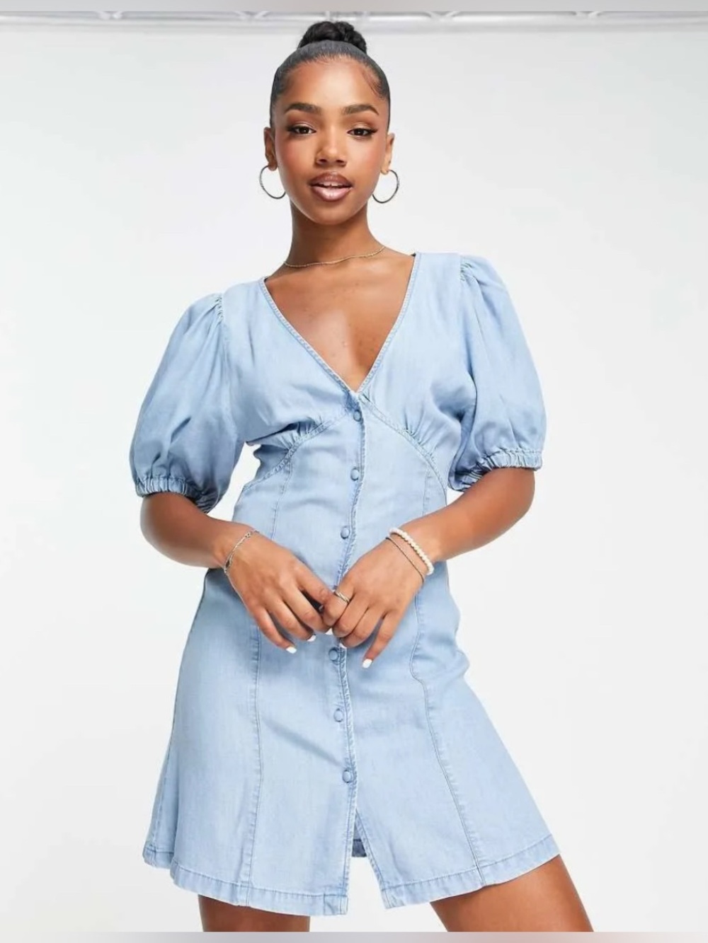 ASOS Design Soft Denim Seamed Mini Tea Dress in Blue Sz 6 Sundress Picnic Summer